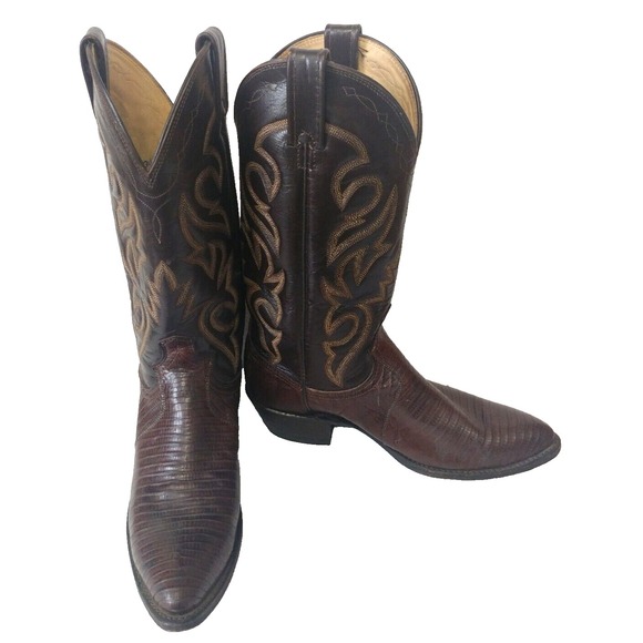 Dan Post Vintage Chocolate Brown Lizard 8 1/2D Cowboy Boots Embroidered Uppers - Picture 1 of 10